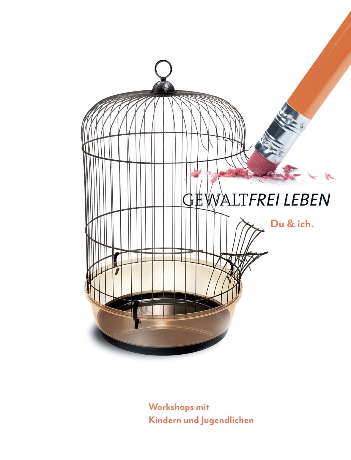 Aufgebrochener Vogelkäfig mit Radiergummi auf Bleistift, der Gitterstäbe wegradiert